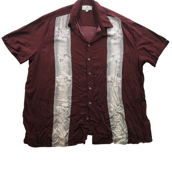 Island Shores Mens Hawaiian Shirt Sz 3XL Palm Print Burgundy Short Sleeve Casual - Picture 1 of 12
